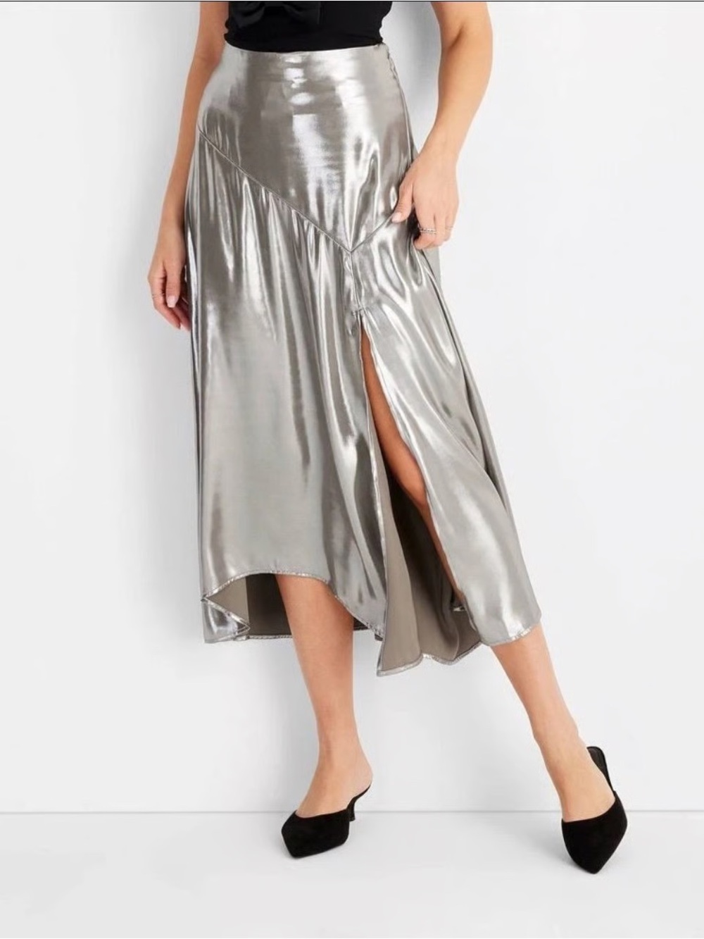 Asymmetrical Metallic Silver Midi Skirt with Side Slit